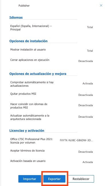 Exportar configuración Office