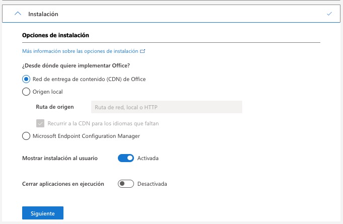 Opciones de instalación Office