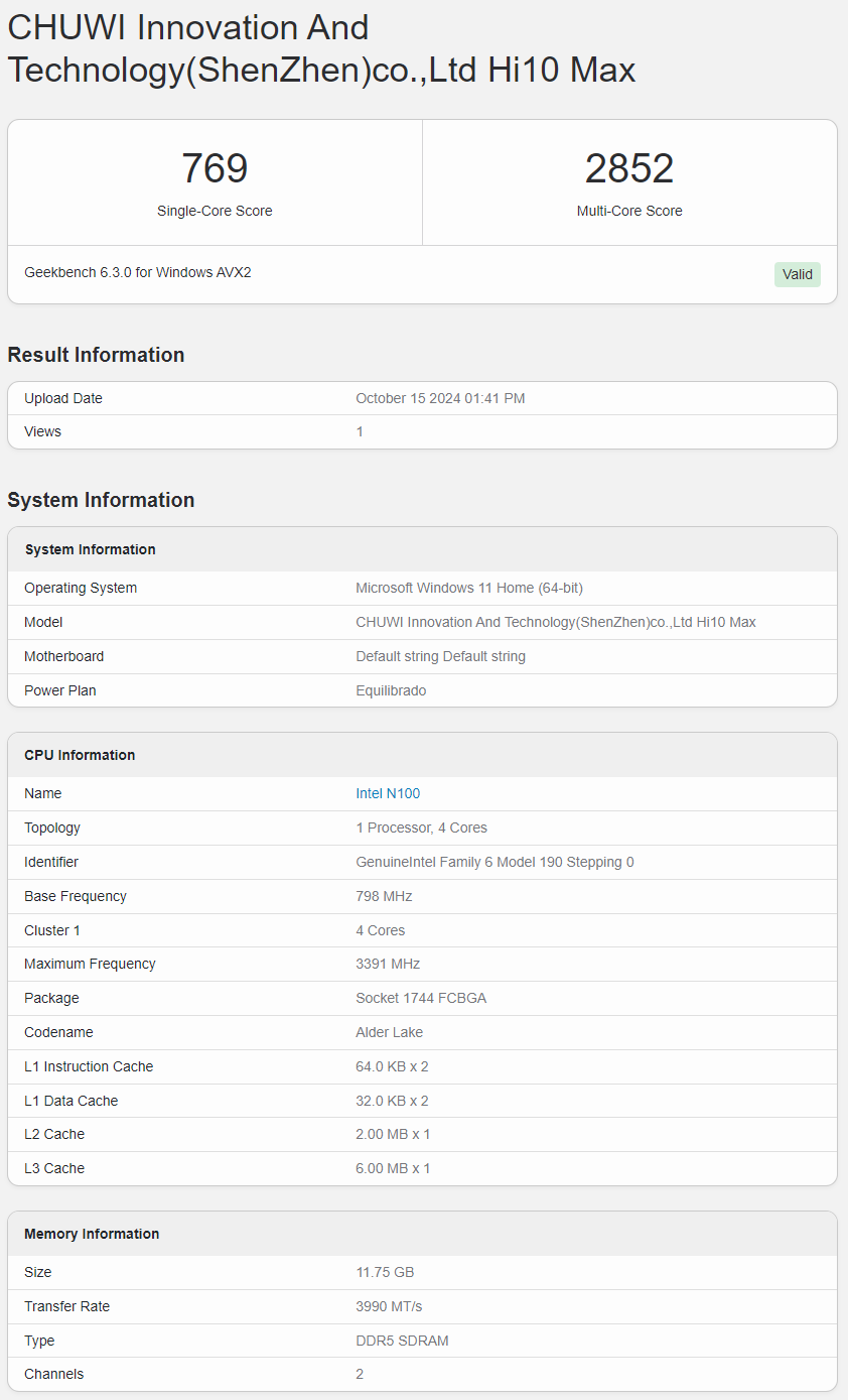 GEEKBENCH 6 CHUWI Hi10 Max